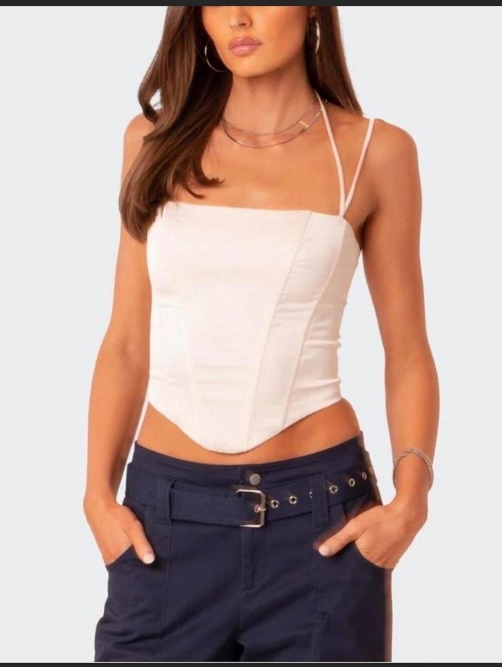 EDIKTED Nara Lace-Up Satin Corset Top Cream Size L Y2K Going Out
